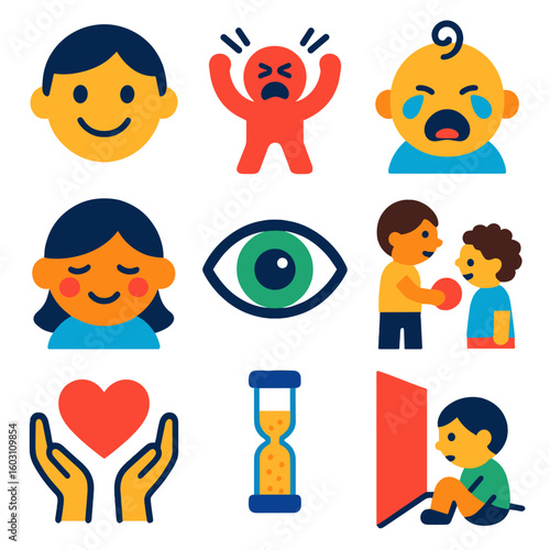 Child Emotion Icons. Flat vector icons of child emotions and behavior: happy child face, tantrum icon, crying baby, shy child,