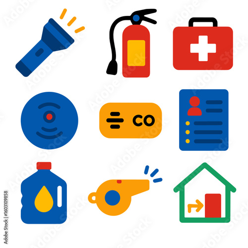 Emergency Prep Icons. Flat vector icons of emergency and safety prep at home: flashlight icon, fire extinguisher, first aid kit,