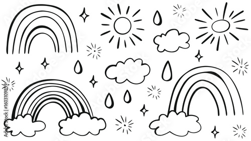 Rainbow & Sunshine Doodle Icons – Cute Weather Hand-Drawn Vector Set