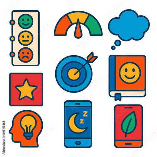 Mental Wellness Icons. Flat vector icons of mental wellness tools: mood tracker icon, stress scale, thought bubble icon, daily
