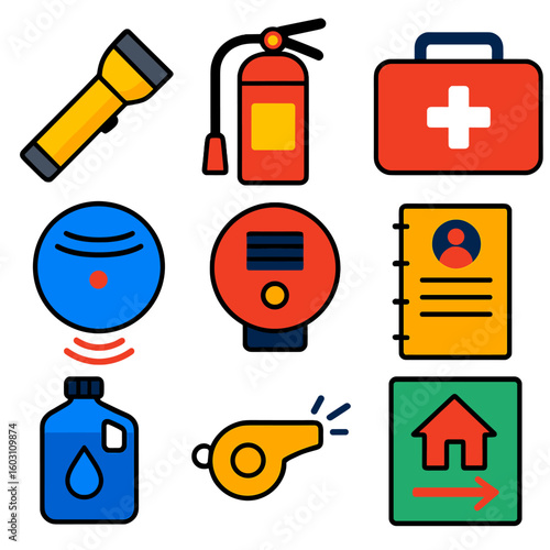 Emergency Prep Icons. Flat vector icons of emergency and safety prep at home: flashlight icon, fire extinguisher, first aid kit,