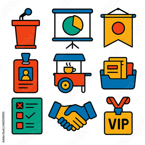 Corporate Event Icons. Flat vector icons of corporate event gear: speaker podium, presentation slide, branded banner, meeting