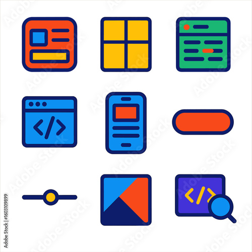 Bright Flat UI Icons. Flat vector icons of front-end development: UI component icon, layout grid, CSS style panel, HTML structure,