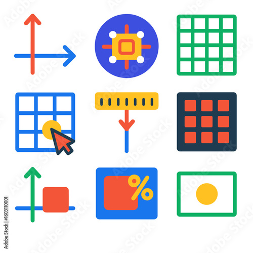 Colorful Grid Icons. Flat vector icons of coordinate and grid systems: X-Y axis icon, object coordinate symbol, grid overlay, snap
