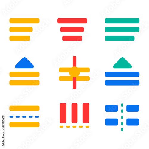 Vibrant Alignment Icons. Flat vector icons of alignment and positioning symbols: align left, align center, align right, justify