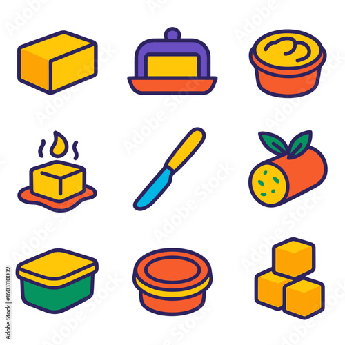Colorful Butter Icons. Flat vector icons of butter and spreads: butter block, butter dish, whipped butter tub, melting butter icon
