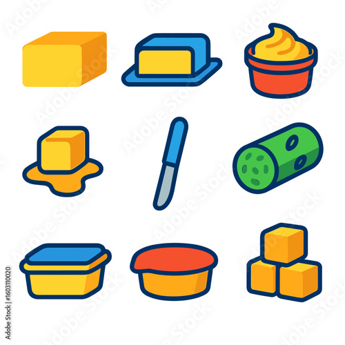 Colorful Butter Icons. Flat vector icons of butter and spreads: butter block, butter dish, whipped butter tub, melting butter icon