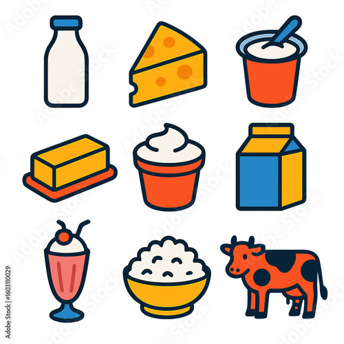 Dairy Product Icons. Flat vector icons of dairy products: milk bottle, cheese wedge, yogurt cup, butter stick, sour cream tub,
