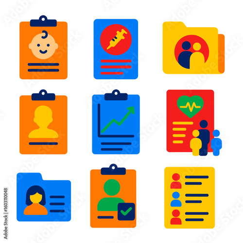 Child Medical Icons. Flat vector icons of child and family medical records: baby health chart, child vaccination card, family