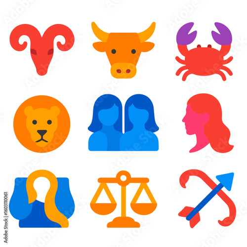 Zodiac Sign Icons. Flat vector icons of zodiac and astrology signs: Aries, Taurus, Gemini, Cancer, Leo, Virgo, Libra, Scorpio,