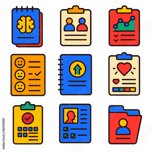 Mental Health Icons. Flat vector icons of mental health charts: psychology notes icon, counseling session form, mood tracker chart