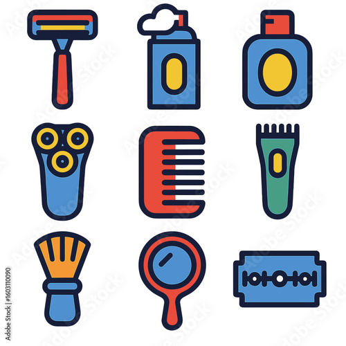 Grooming Tools Icons. Flat vector icons of shaving and grooming tools: razor, shaving foam, aftershave bottle, electric shaver,