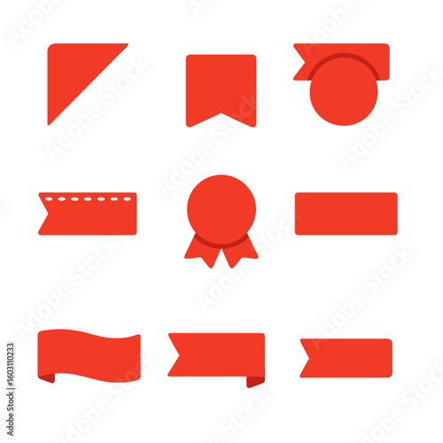 Vibrant Ribbon Icons. Flat vector icons of red ribbon tags and markers: angled corner ribbon, right-aligned top ribbon, centered