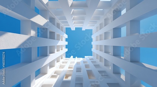 Fototapeta Naklejka Na Ścianę i Meble -  An upward-facing perspective showcases a complex architectural structure of white geometric forms against a vibrant blue sky, evoking a sense of scale and modern design.