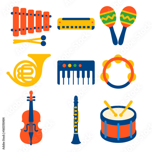 Colorful Musical Icons. Flat vector icons of musical instruments: xylophone with mallets, harmonica, maracas pair, french horn,