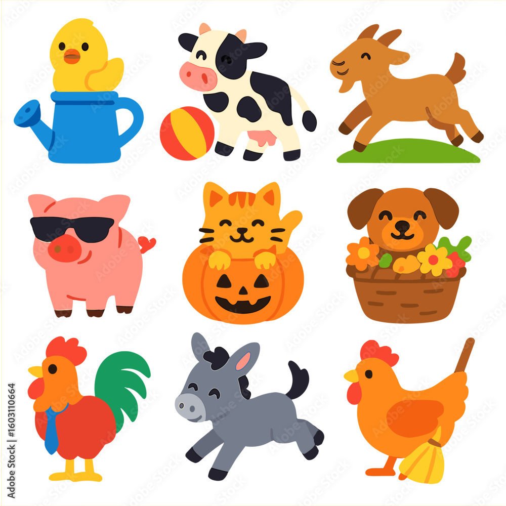 Naklejka premium Cute Farm Animal Icons. Flat vector icons of cute farm and domestic animals: chick inside watering can, cow playing with ball,