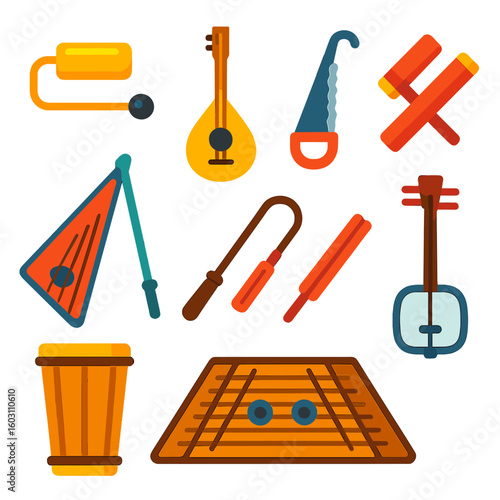 Musical Instrument Icons. Flat vector icons of musical instruments: vibra slap, baglama, musical saw, clapper sticks, bowed