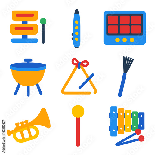 Modern Musical Icons. Flat vector icons of musical instruments: temple blocks, digital wind instrument, octapad, orchestral