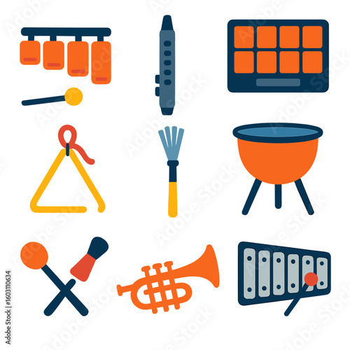 Modern Musical Icons. Flat vector icons of musical instruments: temple blocks, digital wind instrument, octapad, orchestral