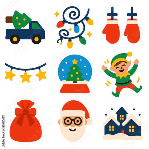 Festive Icon Collection. Flat vector icons of Christmas holiday: Christmas tree delivery truck, string lights in spiral shape,