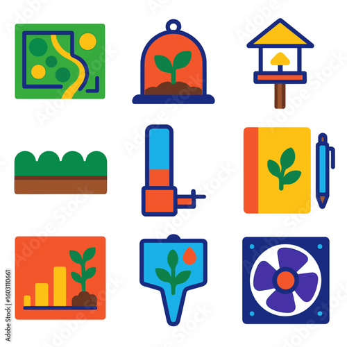 Modern Gardening Icons. Flat vector icons of gardening: landscape plan sketch, cloche cover over plant, bird feeder on post, lawn