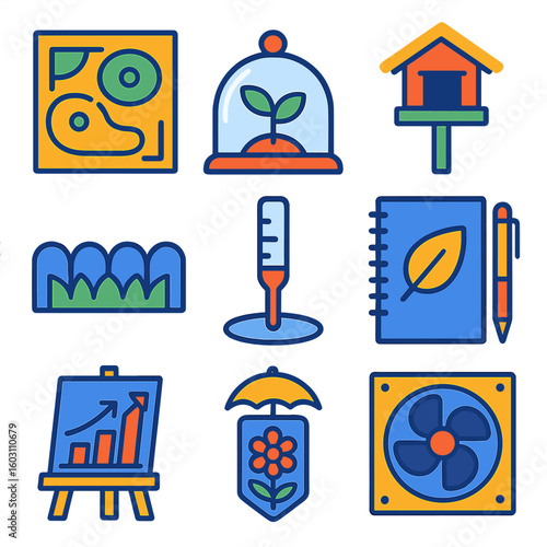 Modern Gardening Icons. Flat vector icons of gardening: landscape plan sketch, cloche cover over plant, bird feeder on post, lawn