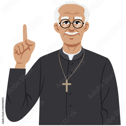 Elderly Priest Pointing Up Character Design Cartoon Vector Illustration