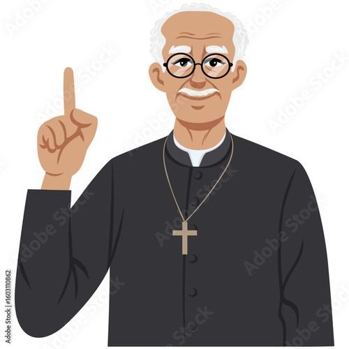 Elderly Priest Pointing Up Character Design Cartoon Vector Illustration