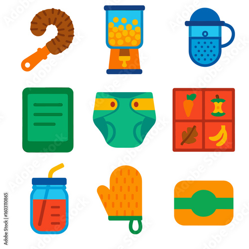 Zero Waste Icons. Flat vector icons of zero waste lifestyle items: coconut fiber scrub brush, bulk item dispenser, tea infuser