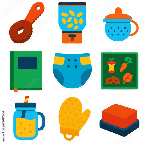 Zero Waste Icons. Flat vector icons of zero waste lifestyle items: coconut fiber scrub brush, bulk item dispenser, tea infuser