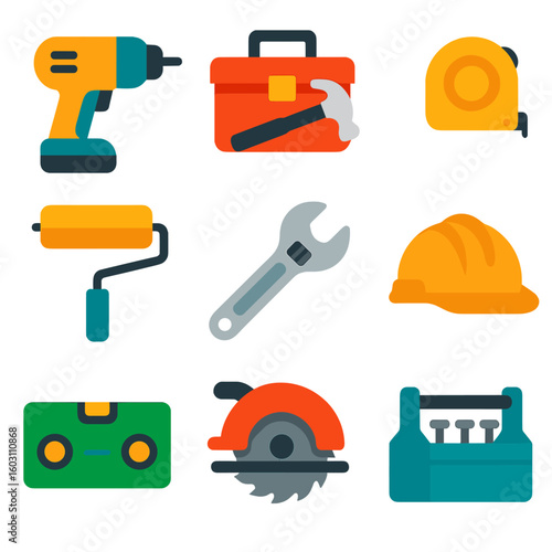 DIY Tools Icons. Flat vector icons of home renovation and DIY tools: cordless drill, toolbox with hammer, measuring tape, wall