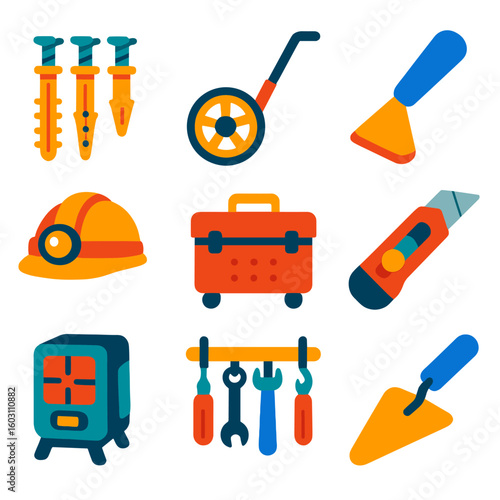 Flat DIY Tool Icons. Flat vector icons of home renovation and DIY tools: drywall anchor set, measuring wheel icon, caulk finishing