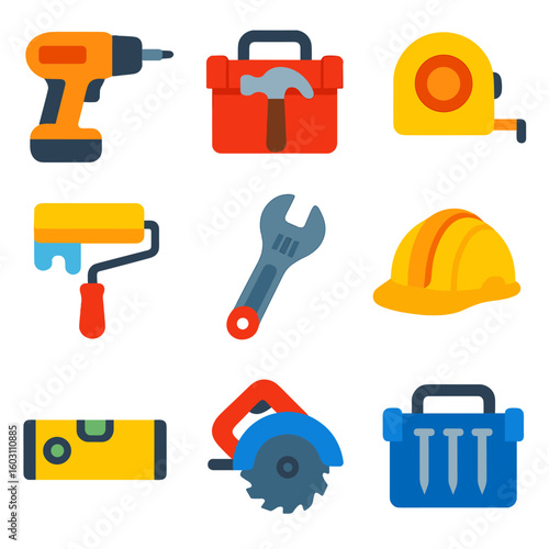 DIY Tools Icons. Flat vector icons of home renovation and DIY tools: cordless drill, toolbox with hammer, measuring tape, wall