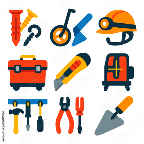 Flat DIY Tool Icons. Flat vector icons of home renovation and DIY tools: drywall anchor set, measuring wheel icon, caulk finishing