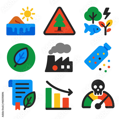 Vibrant Climate Icons. Flat vector icons of climate change and environmental icons: permafrost melting icon, deforestation warning