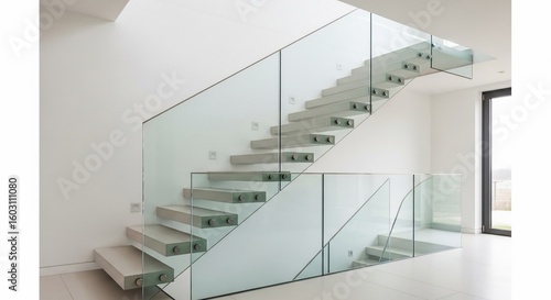 A sleek, modern floating staircase with thick concrete treads and a transparent glass railing.
