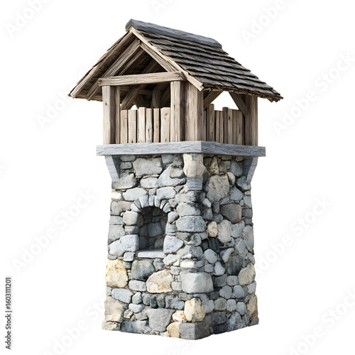 Medieval stone watchtower wooden rooftop structure on a Transparent Background