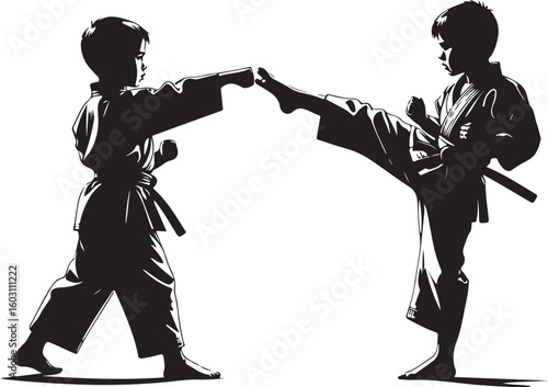 Boys practicing martial arts kicking and punching karate