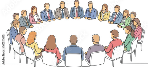 Illustration of a group of people sitting around a table in a meeting or conference