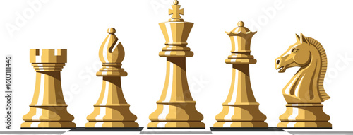 Illustration of a set of golden chess pieces including rook bishop king queen and knight