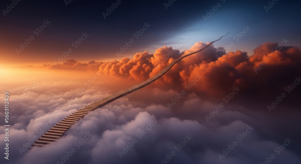 Naklejka premium A surreal staircase ascends through dramatic clouds towards a bright light in the sky