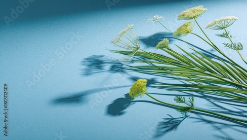 Delicate arrangement of wildflowers and long grasses on a light blue surface.