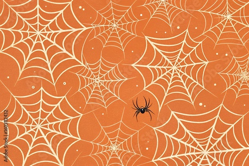 Spooky halloween spiderweb pattern with a single spider on an orange background