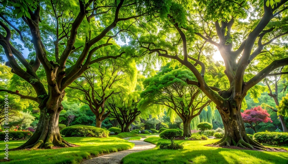 Fototapeta premium Lush green garden landscape with mature trees and meandering pathways bathed in sunlight
