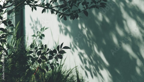 Leafy branches cast shadows on a light wall.