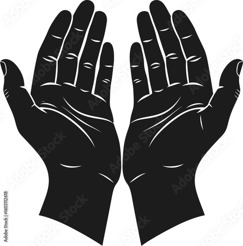 A graphic illustration of two hands held up, palms facing up, on a white background space