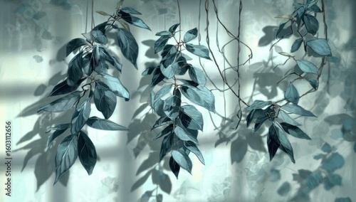 Hanging leaves cast shadows on a pale wall.