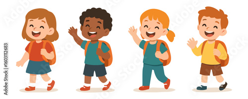 Happy kids cheerful boy girl joyful child vector cartoon illustration design for template poster flyer background lifestyle family childhood portrait school education learning activity