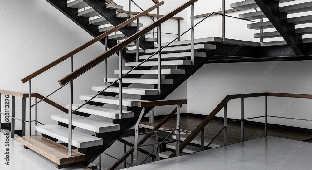 Fototapeta premium Modern multi-level staircase with white steps and wooden handrails in a minimalist interior building.