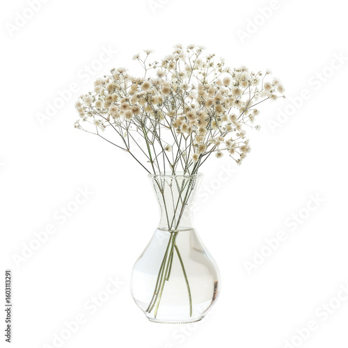 A bouquet of dried flowers in a clear glass vase